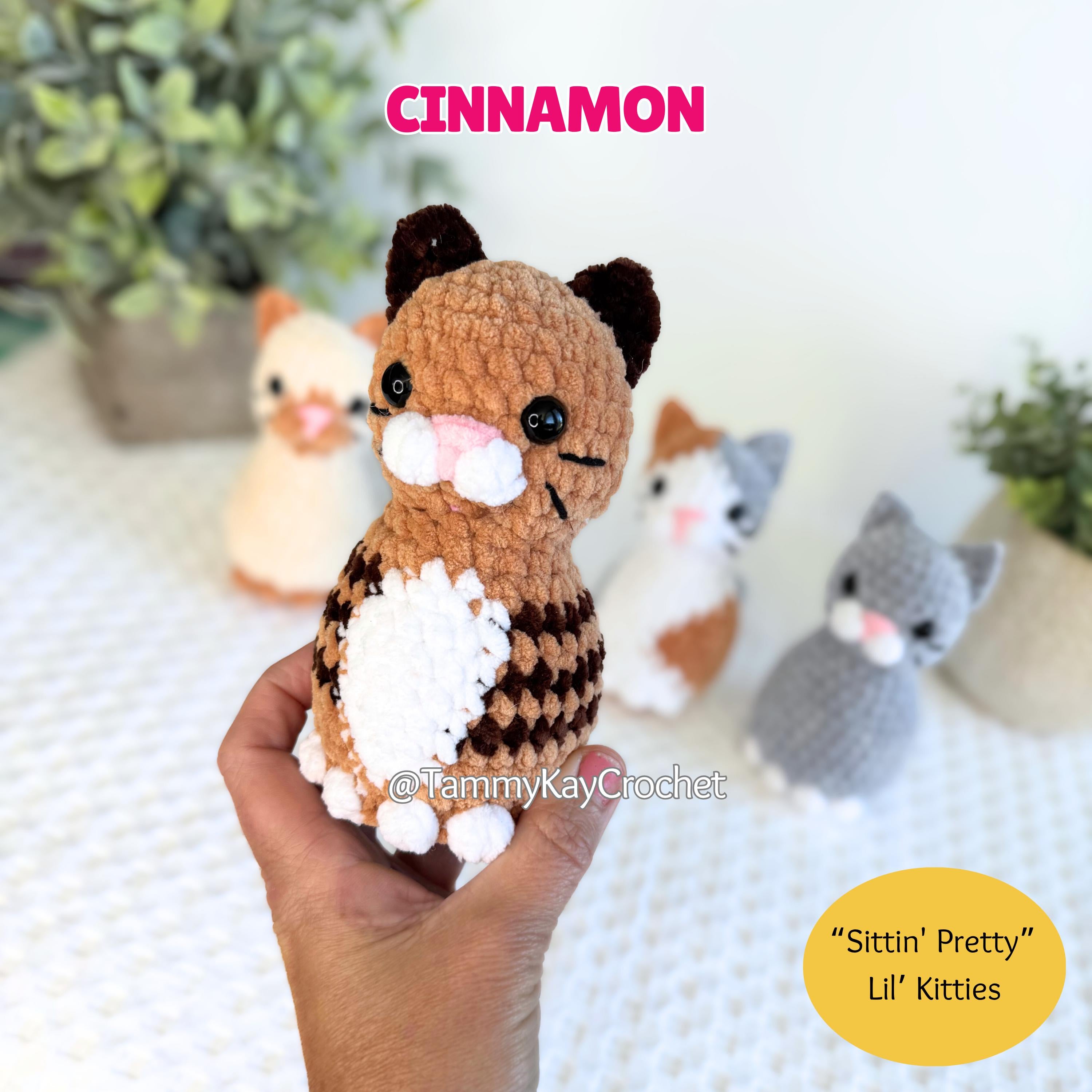Hand holding a crocheted cat toy with 'Cinnamon' and 'Tammy Kay Crochet' text.