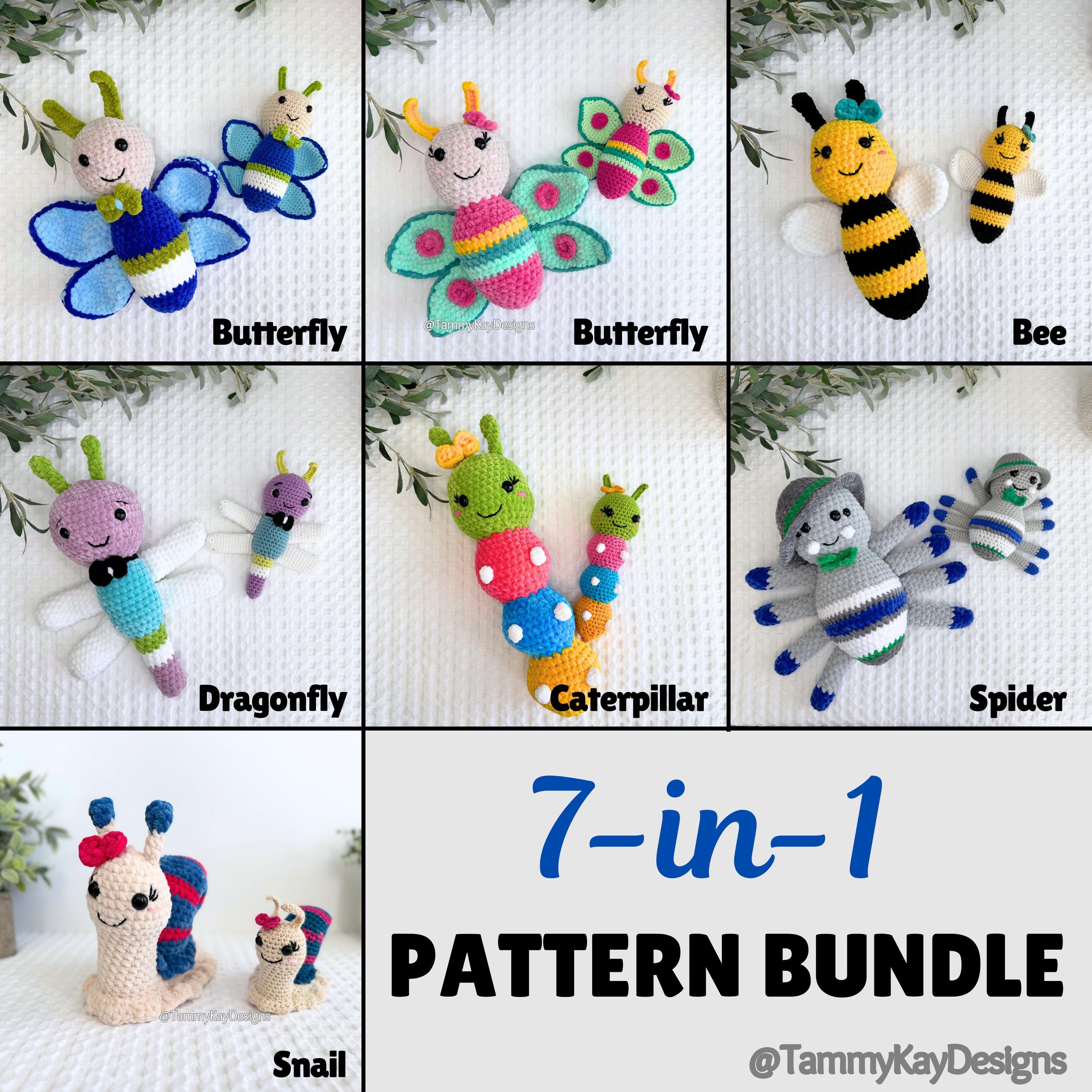 Collage of crochet patterns for butterfly, bee, dragonfly, caterpillar, spider, and snail with '7-in-1 Pattern Bundle' text.