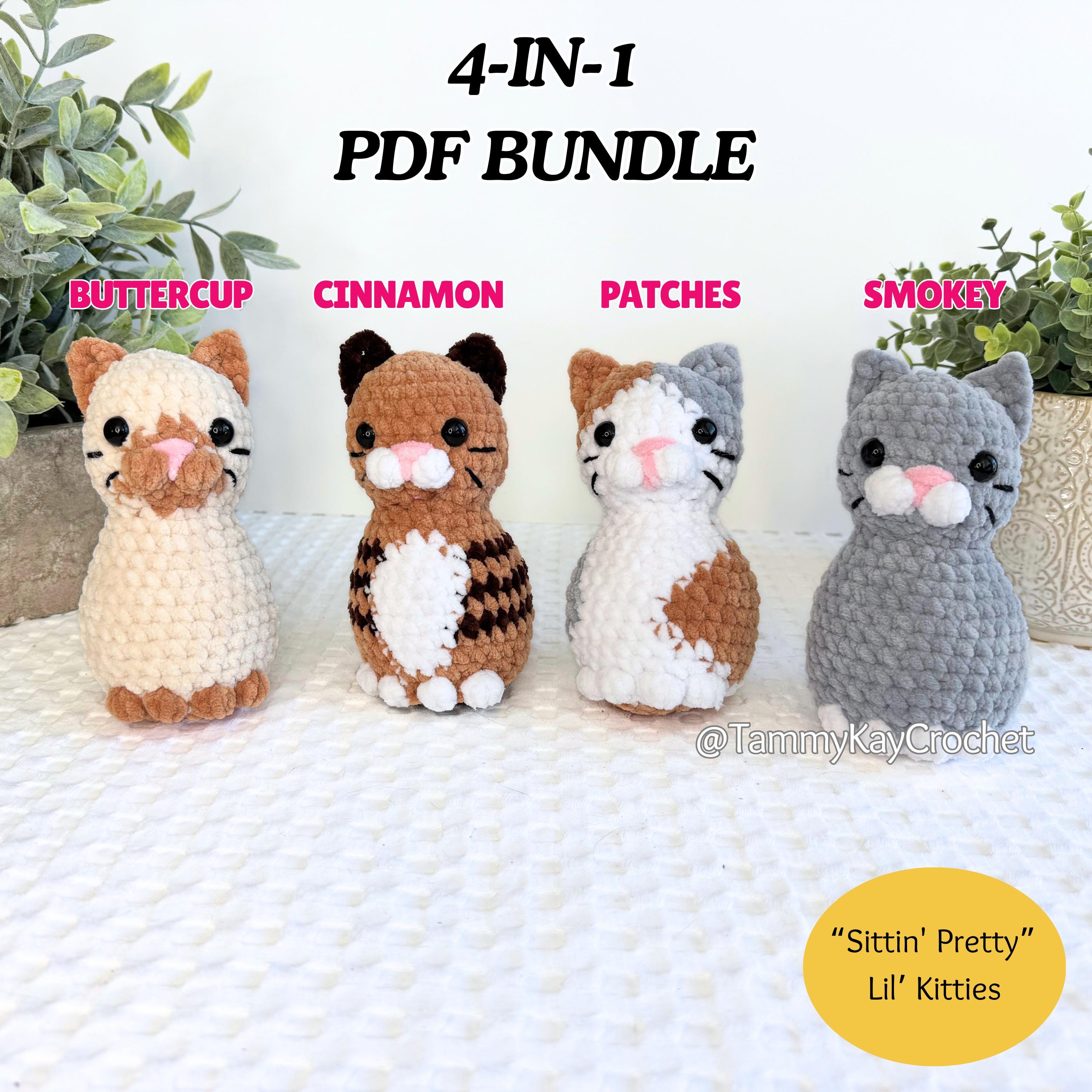 Four crochet cat toys labeled 'Buttercup', 'Cinnamon', 'Patches', and 'Smokey' on a textured surface with plants in the background.