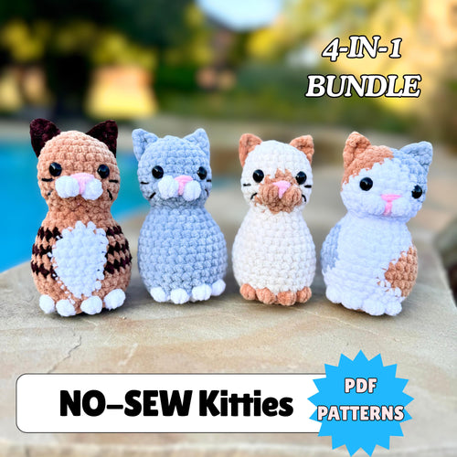 Four crocheted cat toys with a '4-IN-1 BUNDLE NO-SEW Kitties PDF PATTERNS' text overlay.