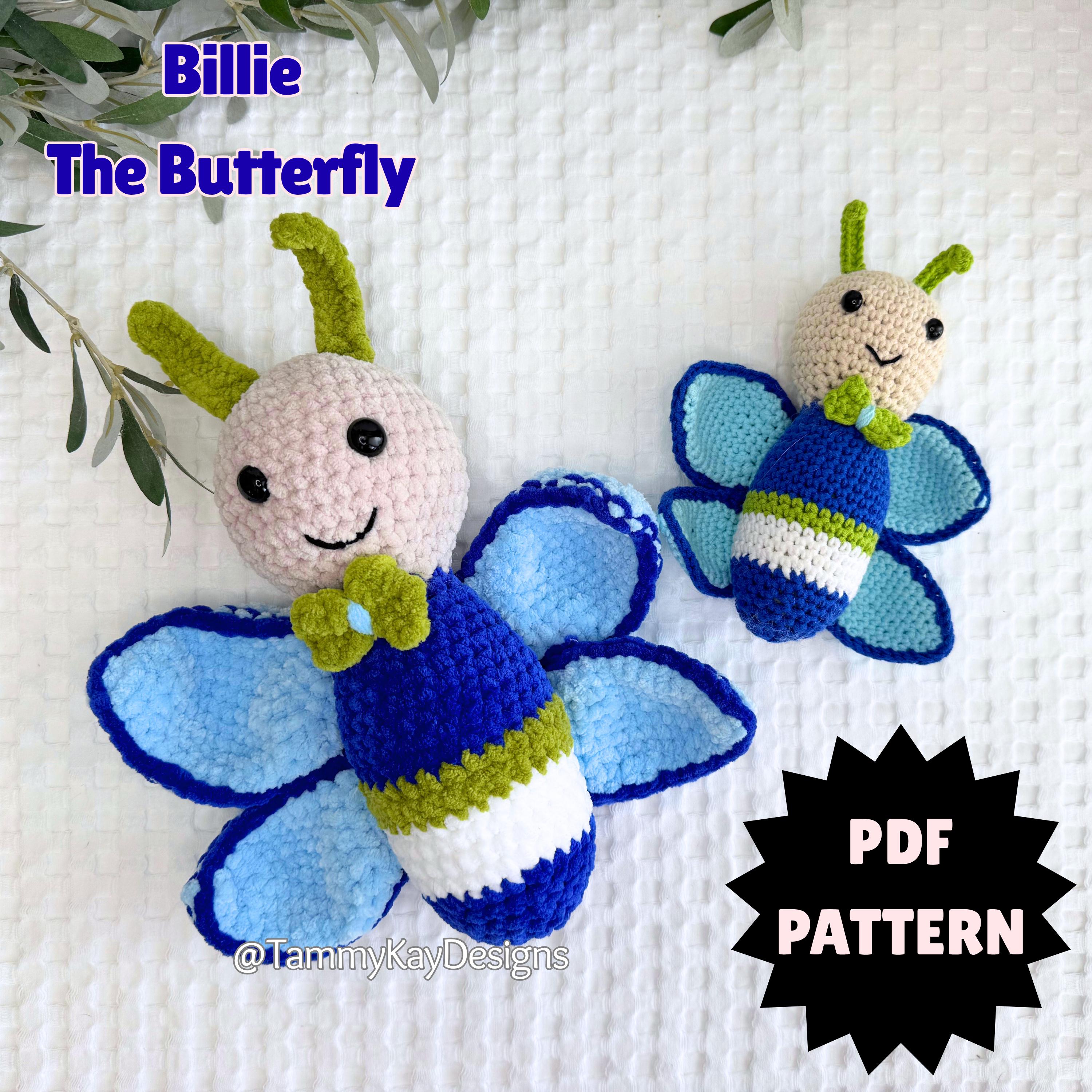 Two crocheted butterfly toys with 'Billie The Butterfly' text and a PDF pattern label on a white background.