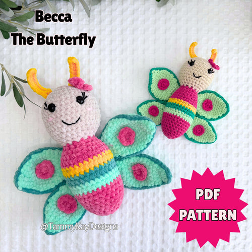 Crocheted butterfly toy with 'Becca The Butterfly' text and Tammy Kay Designs branding on a white background.