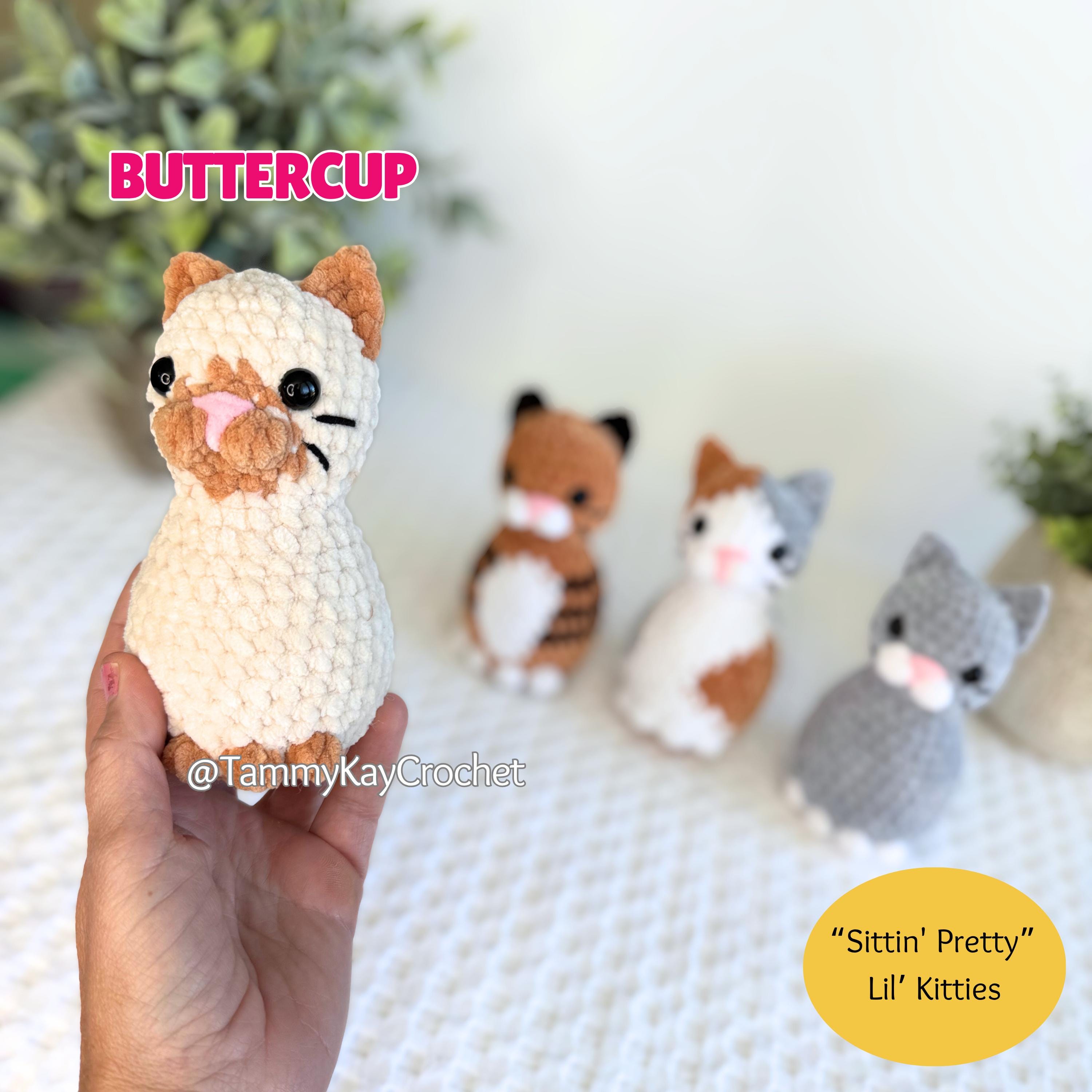 Hand holding a crochet cat toy with 'Buttercup' displayed, featuring other cat toys in the background.